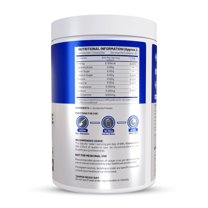 C9 Nutrition L-Glutamine Powder 250g | 50 Servings | Unflavoured | Boost Recovery & Performance