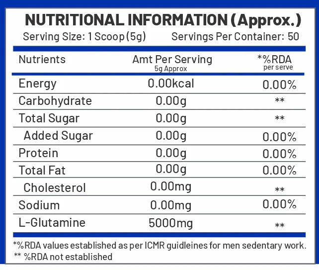 C9 Nutrition L-Glutamine Powder 250g | 50 Servings | Unflavoured | Boost Recovery & Performance