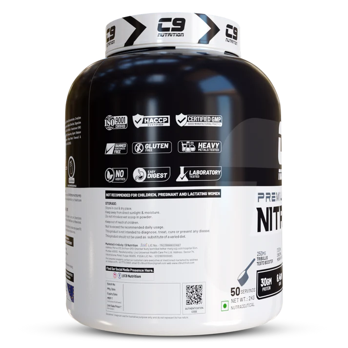 C9 Nutrition Nitro Pro L-Glutamine Whey Protein, 2kg, 50 Servings | 30g Protein | 6.4g BCAA | 4.8g Glutamine