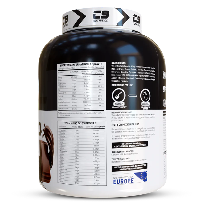 C9 Nutrition Nitro Pro L-Glutamine Whey Protein, 2kg, 50 Servings | 30g Protein | 6.4g BCAA | 4.8g Glutamine