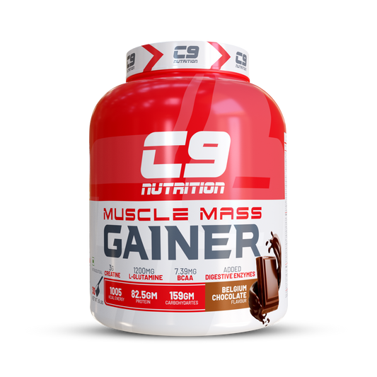 C9 Nutrition Muscle Mass Gainer | 82.5g Protein | 1005 Kcal | 159g Carbs | 3kg & 5kg | 33 & 55 Servings | Belgium Chocolate Flavor